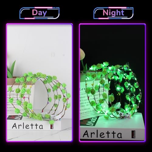 YOFOBU 36PCS LED Flower Crown,Green Light Up Flower Headband for Women,Glow in The Dark Flower Wreath Crowns for Valentin...