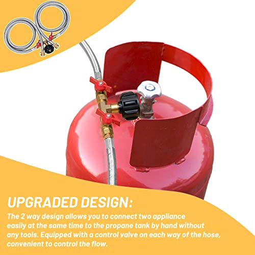 Propane Y Splitter Hose 2 Way Stainless Steel Braided Y Splitter CGA Propane Tank Converter Adapter Hose 5 FT Propane Hose...