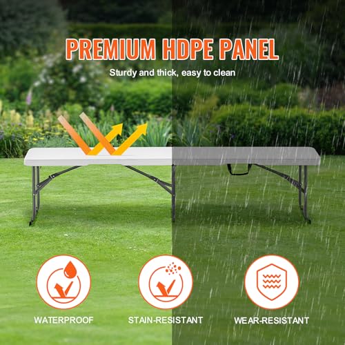 VEVOR Plastic Folding Bench, 6ft Portable Folding Bench, Smooth High Density Polyethylene Waterproof Outdoor Bench, Picnic...