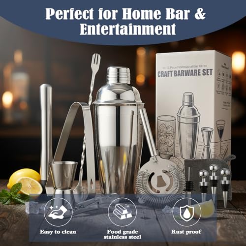 Primero Basics 13-Piece Bartender Kit Bar Tool Set – Boston Cocktail Shaker Set with Muddler,Strainer,Jigger,Spoon–Home Ba...