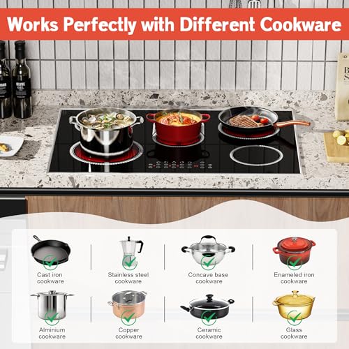 Pladeca 30 Inch Electric Cooktop, 5 Burner Electric Stove Top Touch Control, 8400W Built-in Ceramic Stovetop Burner 30" wi...
