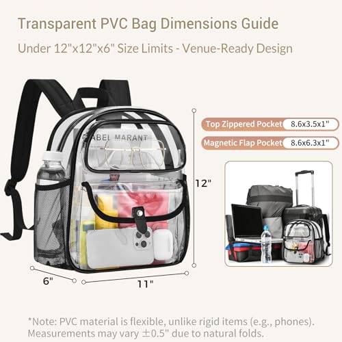 SPODEARS Clear Stadium Backpack for Sports Events, Festival, Travel - 12x6x12 PVC Backpack Multi-Pocket Design, Black