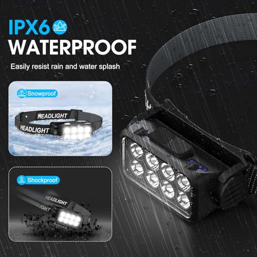 Rechargeable Headlamp Flashlight 2-Pack, 8 LED 2500 Lumen Ultra-Light Bright Headlight with Motion Sensor, Waterproof Ligh...