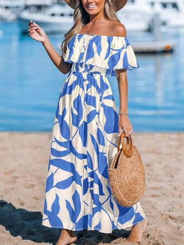 CUPSHE Women Ruffle Floral Maxi Summer Dress Off Shoulder Short Sleeve Backless Flounce Bodice Slit Hem Beach Dresses
