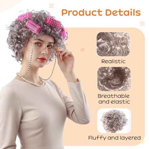 RSOEUG Old Lady Costume for Women, 5 PCS Kids 100 Days of School Grandma Wig Costume Halloween Girls Adults Cosplay Access...