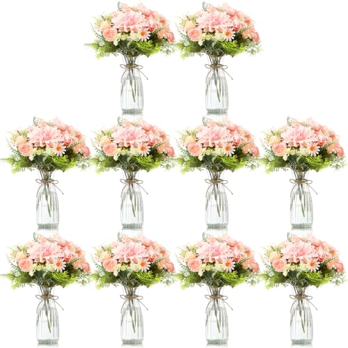 Reallnaive 30 Pack Artificial Flowers with Vase Bulk, 20 Bundles Silk Floral Bouquet 10 Clear Vase with 1 Pcs Rope, Mason ...