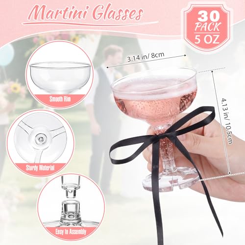 Zopeal 30 Set Disposable Plastic Coupe Glasses With Satin Ribbon Bow 5 oz Acrylic Champagne Tower Cocktail Unbreakable Pla...