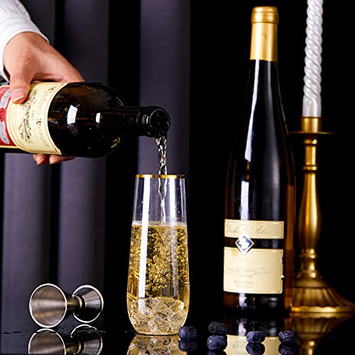 N9R 24PCS Plastic Champagne Flutes, 9 Oz Stemless Disposable Gold Rim Toasting Glasses, Crystal Clear Cocktail Cups Drinkw...