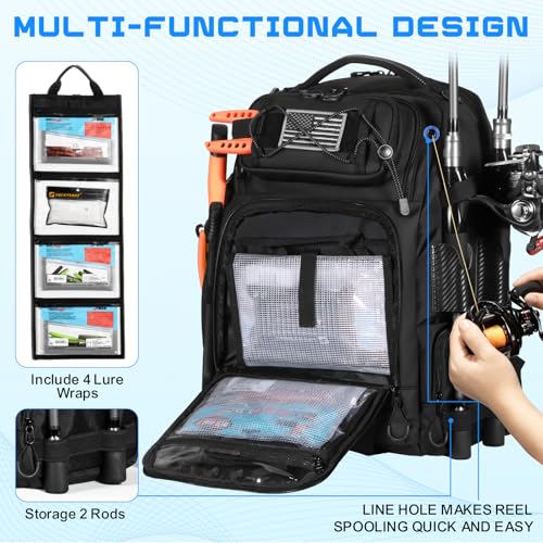 BAIXIXIG 50L Fishing Tackle Backpack with Removable Lure Wraps,Include (4) 3600 Tackle Boxes, 2 Rod Holders Storage Fishin...