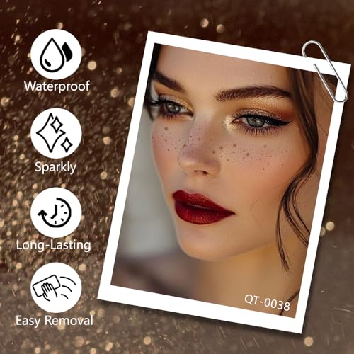 XZMeiLun 8Ps Face Glitter Speckles Patches, Brown Glitter Freckles Face Tattoo, Glow Up Makeup Patches, Cute Glitter Makeu...