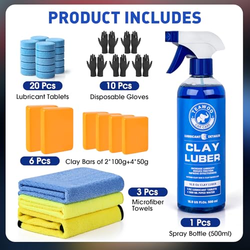 TEAWOO Clay Bars Kit, 6 Clay Bars & 20 PCS Lubricant Tablets, Complete Car Detailing Kit, Spray Bottle, Disposable Gloves ...