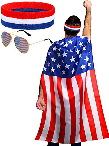 Frienda American Flag Costume Cape, Retro 80's USA Sunglasses and Flag Headband for 4th of July Red White and Blue Costumes