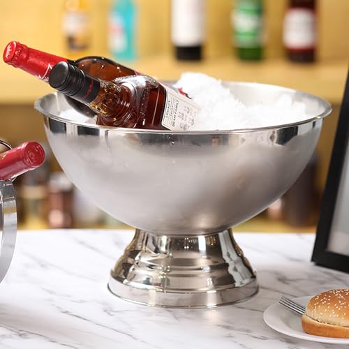 Large Ice Bucket 13L Stainless Steel Champagne Bowl Ice Bucket with Ice Scoop Semicircle Drink Tub with Integrated Base Si...