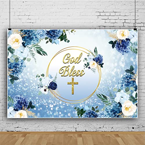 OERJU 10x6.5ft God Bless Backdrop Blue Floral Flowers First Holy Communion Photography Background Baptism Christening Boys...