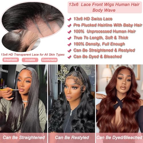 Body Wave HD Lace Front Wigs Human Hair Pre Plucked 24 Inch 180% Density 13x6 Glueless Frontal Wigs Human Hair Lace Front Wigs for Black Women Human Hair Natural Black