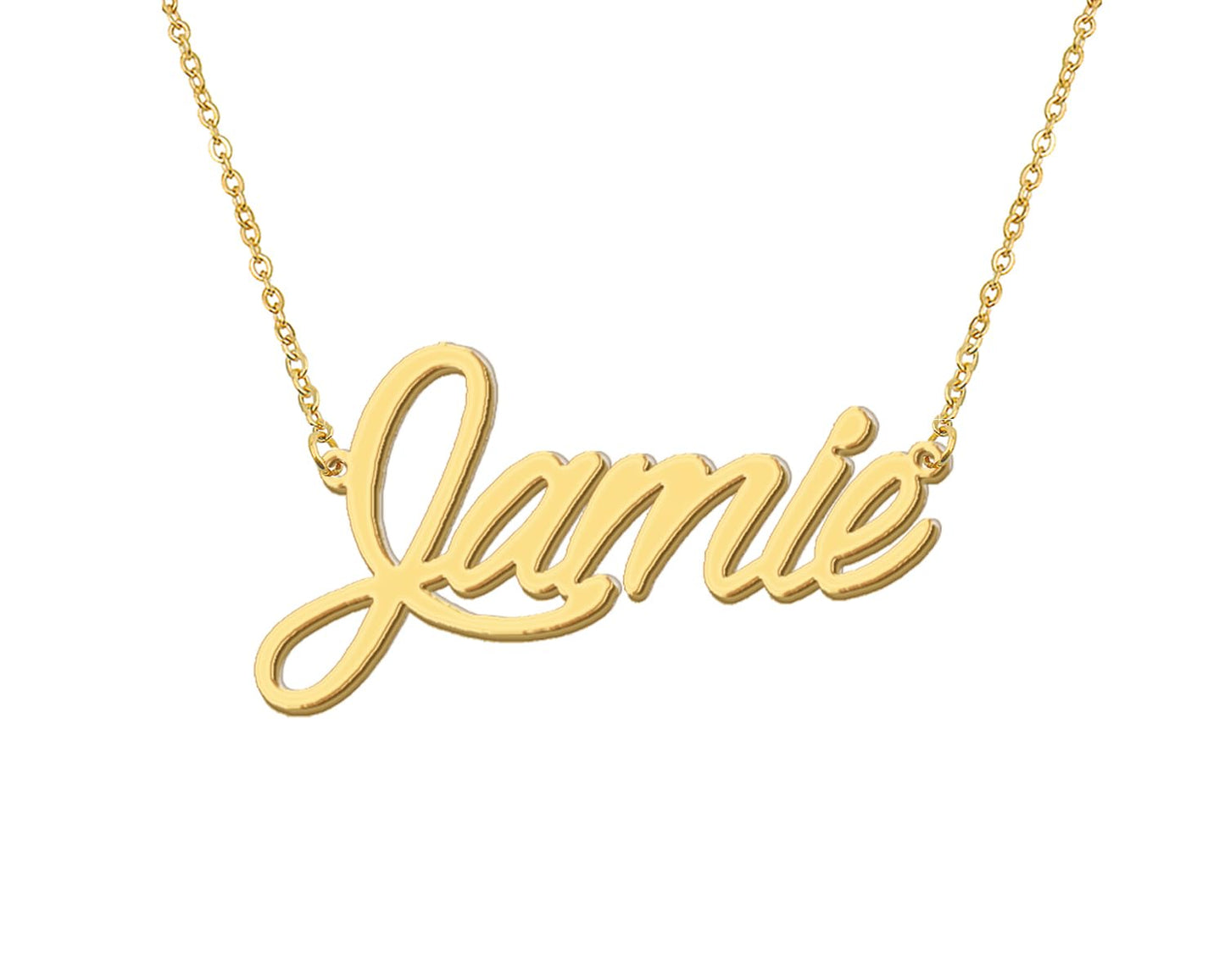Aoloshow 18k Gold Plated Jamie Name Necklace Womens Mens Initial Nameplate Necklaces Stainless Steel Jewelry for Familys
