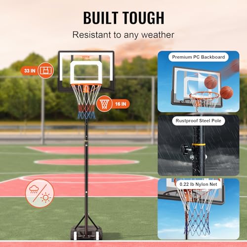VEVOR Basketball Hoop/Rim, Adjustable Height Portable Backboard Court, Basketball Goal, Mobile Stand with Wheels Weighted Base, Youth&Adults, Outdoor/Indoor