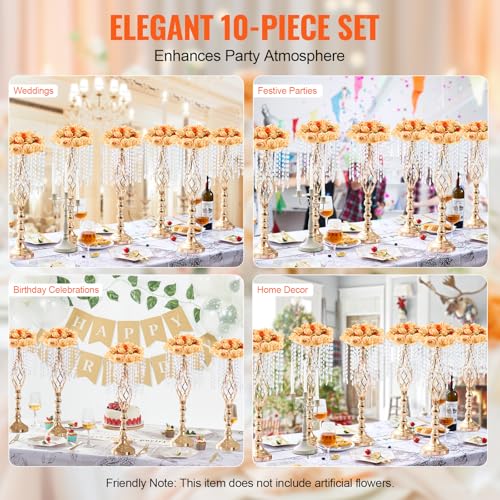 VEVOR 10PCS 55cm/21.65” Tall Crystal Wedding Flower Stand, Metal Wedding Centerpiece Vase, Gold Flower Holders Floral Disp...