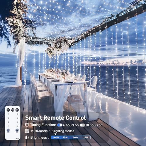 JMEXSUSS 300 LED 9.8x9.8Ft Curtain Lights Indoor with Remote, White Christmas Lights Plug in, 8 Modes White String Lights ...