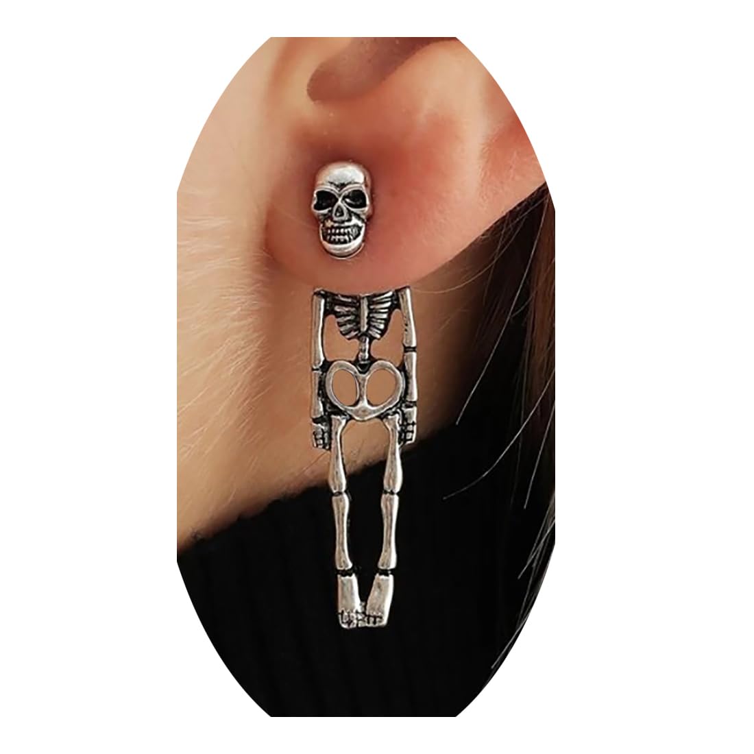 Gothic Skull Earrings Punk Skeleton Groom Bride Front Back Stud Earrings Halloween for Women Girl (Silver)