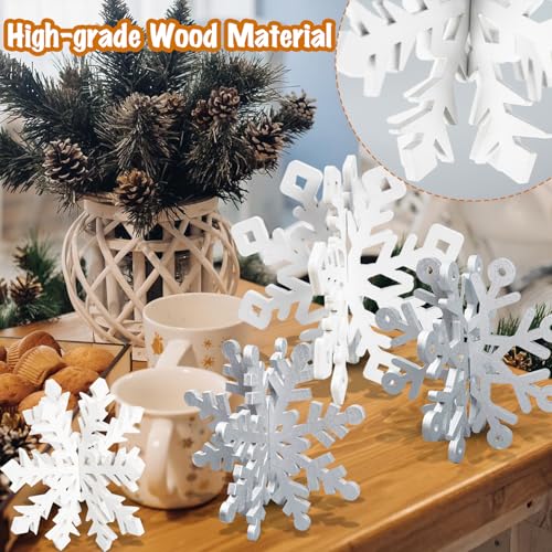OuMuaMua 12 Set Winter Christmas Centerpiece Table Decorations - 24pcs Wooden Snowflakes Decor 3D Silver White Snowflake T...
