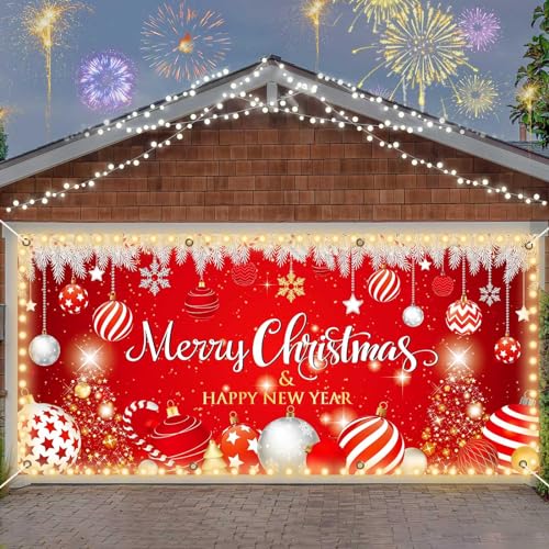 6x13ft Christmas Garage Door Cover Banner Decorations 2025 Happy New Year LED Light String Large Christmas Photo Backdrop ...