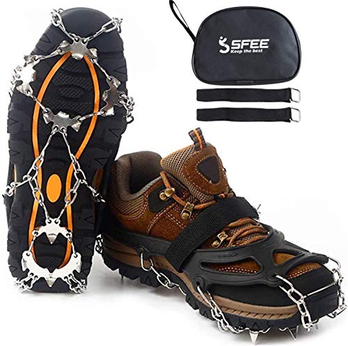 Sfee Ice Snow Grips Crampons Traction Cleats,19 Stainless Steel Spikes for Women Men Kids, Anti Slip Flexible Shoe/Boot Fo...