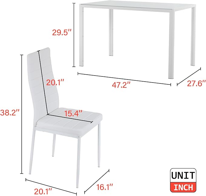 FDW | 5-Piece Dining Table Set | White | Glass Kitchen Table with 4 Upholstered Chairs and Faux Leather Cushions | Space-Saving and Modern Design | for Dining Room, Easy to Assemble