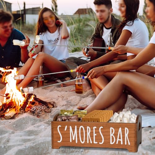 Smores Kit, S'Mores Station with 5 Extendable Marshmallow Roasting Sticks, Farmhouse Smores Caddy with Handles, Wood Smore...