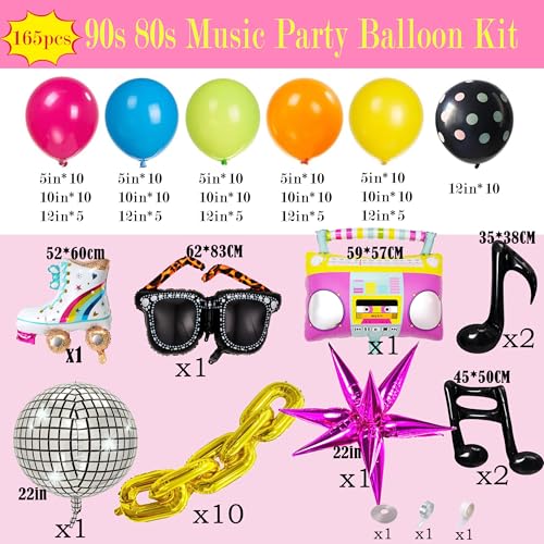 90s 80s Disco Theme Party Decorations, 171Pcs Balloon Arch Kit with Retro Disco Ball Radio Glasses Roller Skate Musical No...