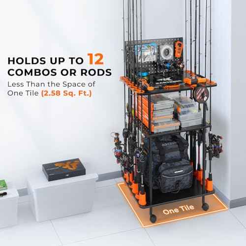 KastKing V12 Gear Trolley, Indoor Fishing Rod Holder for 12 Combos, 3-Tier Fishing Accessory Shelves With Peg Wall, Patented Built-in Line Spooler, Mobile Tackle Storage Cart With Locking Wheels