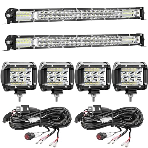 SAN YOUNG LED Light Bar Kits, (2) 20 Inch Slim Light Bars, (4) 4 Inch LED Pods, (2) Wiring Harness, 12V 24V Car Truck ATV ...