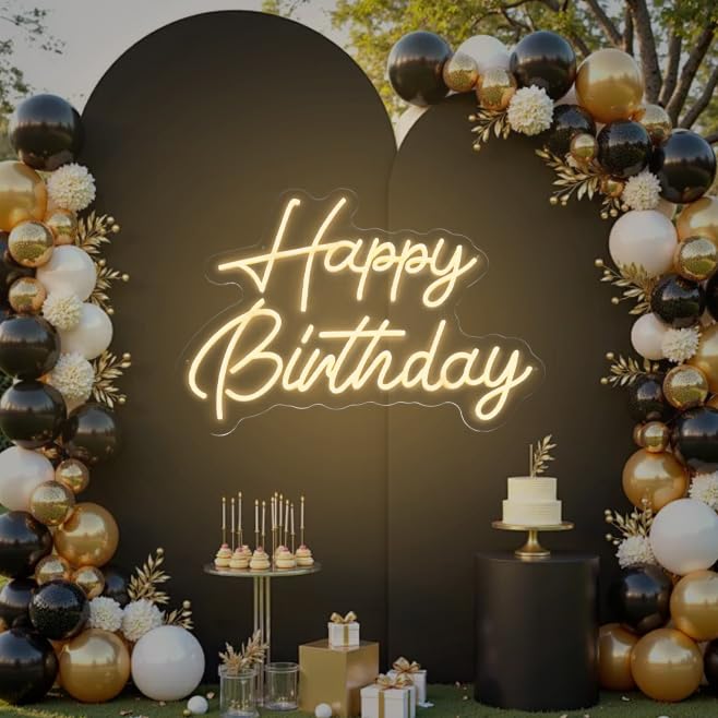 HMT Happy Birthday Neon Sign for Backdrop Wall Decor Large Size 22×16.9 Inch Happy Birthday LED Neon Lights for Birthday P...