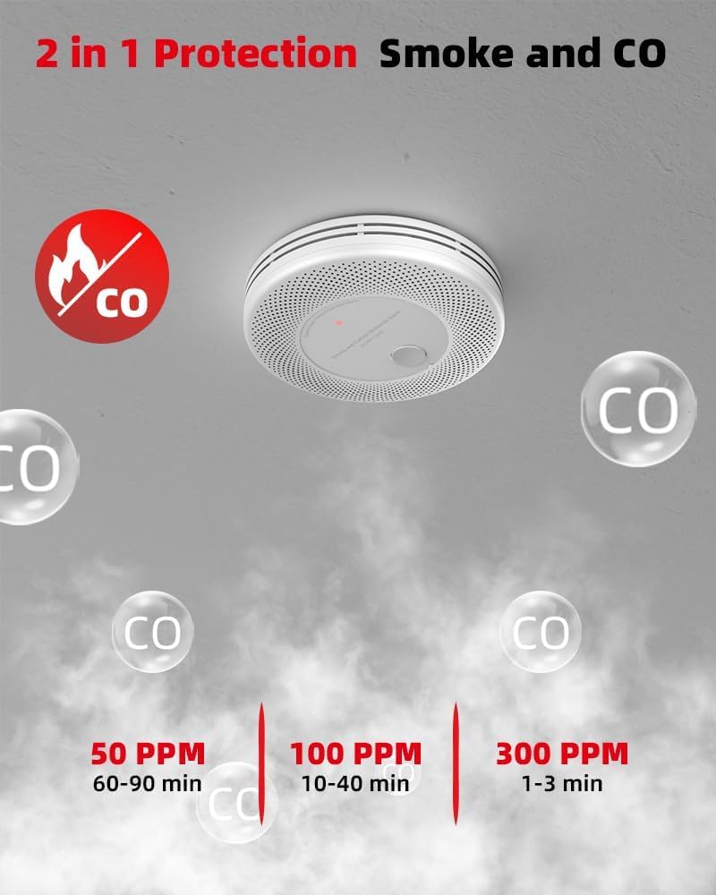 KIMROG 10-Year Sealed Battery 2-in-1 Smoke & Carbon Monoxide Detector Alarm | Home/Garage Combo CO & Smoke Alarm Detector with LED Warning Light Indicators & V-0 Flame-Retardant Housing(2-Pack)