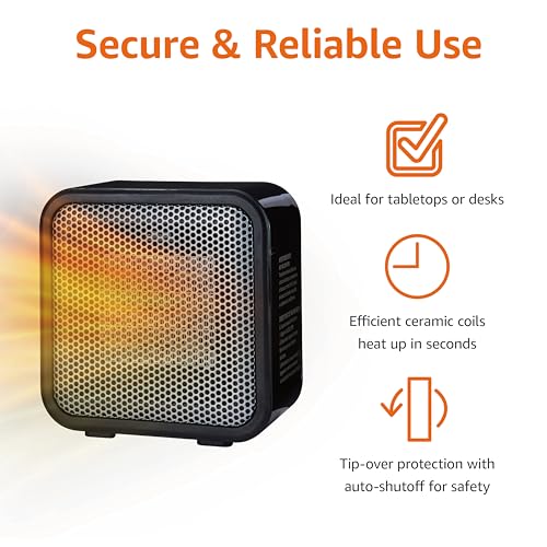 Amazon Basics Ceramic Space Heater, Mini Heater for Office Desk, Portable Tent Heater (Indoor Use), 500 W, With Tip-Over P...