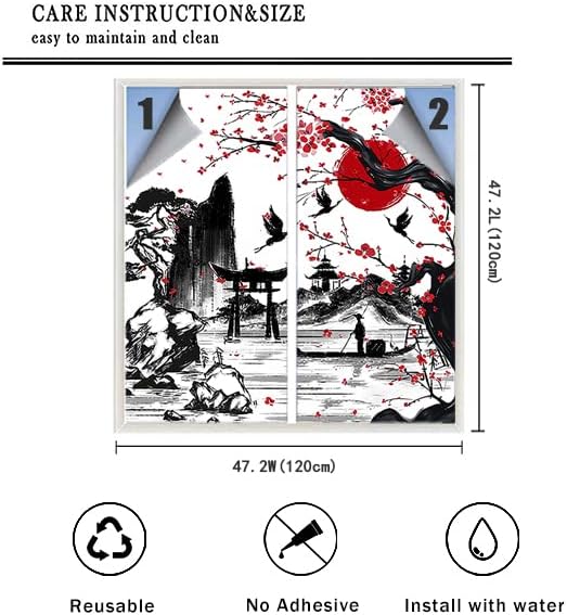 Vintage Japanese Style Decorative Window Film Abstract Ink Japanese Landscape Torii Gatekids Blackout Window Film,Cafe Lighted Window Film 23.6Wx47.2L-Inch X2Pcs