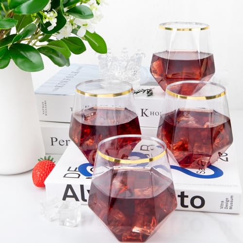 LUODA Gold Diamond Shaped Plastic Stemless Wine Glasses Set of 24, Disposable 12 Oz Gold Plastic Whiskey Glasses for Birth...