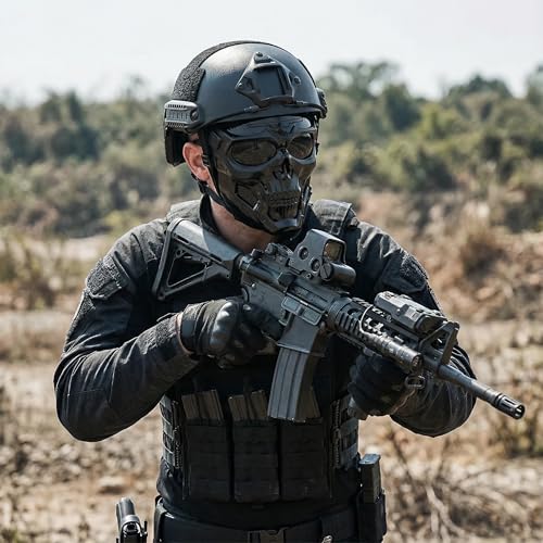 Tactical Airsoft Helmet with Full Face Mask, Black Military Style Paintball Protection Gear, Detachable Goggles, NVG Moun...
