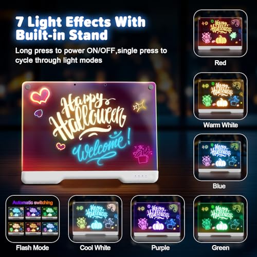 16-Inch Rechargeable Doodle Glow LED Note Board, 7-Color Light Modes, Neon Art Dry Erase Light Up Drawing Pad with Built-i...