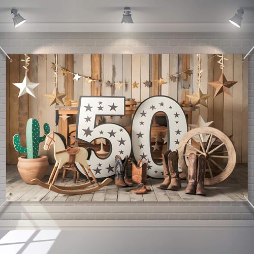 MOXDBT 50th Birthday Western Cowboy Backdrop Banner - Rustic Wild West Theme Polyester Photo Background for Party Decor, 7...