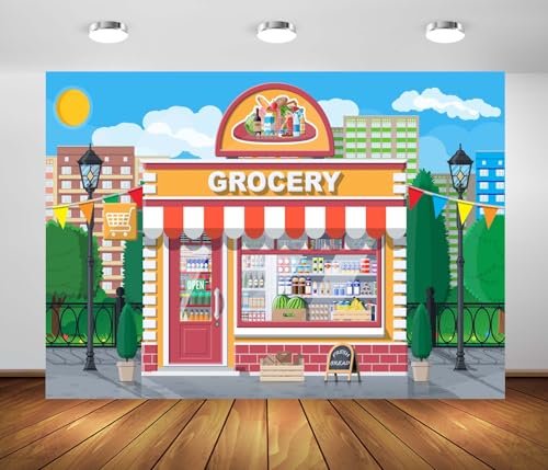 Loccor 5x3ft Fabric Grocery Store Backdrop for Kids Photography Small Cartoon Supermarket Glass Showcase Cityscape Backgro...