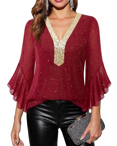 Timeson Women's Ruffle 3/4 Sleeve Sparkly Tops Sequin V Neck Blouses Dressy Fall Shirts