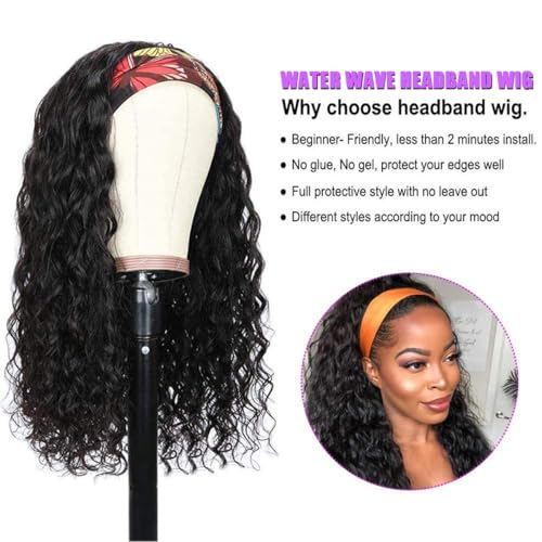 Long Headband Wig Human Hair Water Wave Human Hair Wigs for Black Women Curly Half Wig None Lace Front Wigs 180% Density Brazilian Virgin Hair Wig Natural Black Color 26 Inch