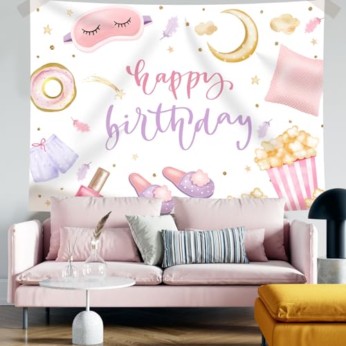 Rsuuinu Happy Birthday Backdrop Sleepover Party Pajamas Pillow Fight Photography Background Pink Girls Birthday Slumber Pa...