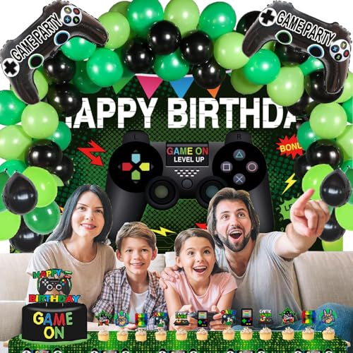 64 Pieces Video Game On Theme Party Supplies Sett: Decorations with Happy Birthday Gaming Backdrop, Game Table Covers, Cak...