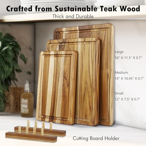 Zovano 3-PieceTeak Wood Cutting Board Set with Stand for Kitchen, Chopping Boards with Deep Juice Groove, Charcuteire Butc...