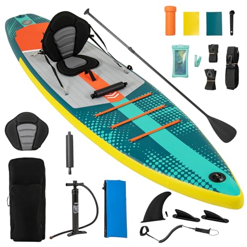 GYMAX Paddle Board, Inflatable SUP with Kayak Seat, Camera Mount, Direction Fin Paddle & Carry Backpack, Extra Wide Below ...