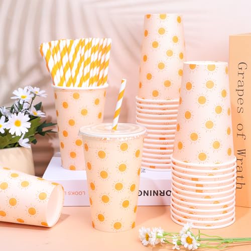 JarThenaAMCS 50 Set Boho Sun Paper Cups with Lids and Straws 16Oz Disposable Cute Sunshine Iced Coffee Tea Cups for Tea Bi...