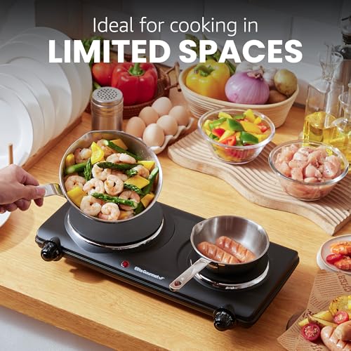 Elite Gourmet EDB-302BF# Countertop Double Cast Iron Burner, 1500 Watts Electric Hot Plate, Temperature Controls, Power In...