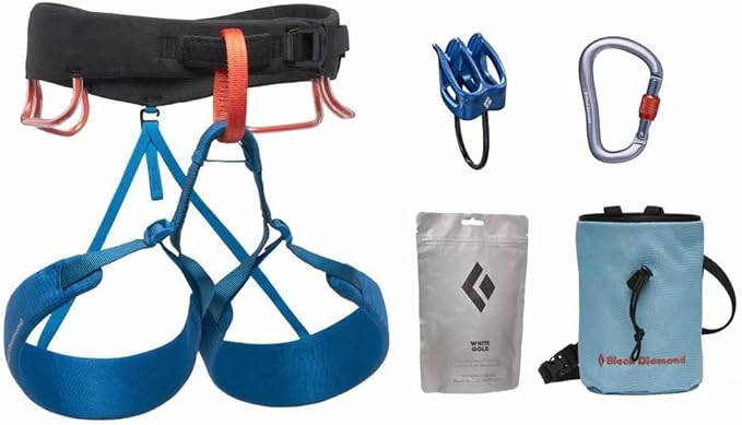 BLACK DIAMOND Men’s Momentum Harness Package | Harness, Belay Device, Locking Carabiner & Chalk Bag | Kingfisher| Medium